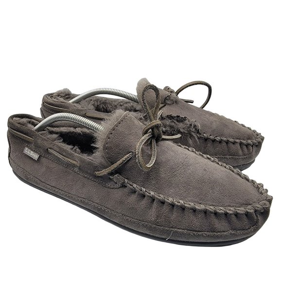 LL Bean Wicked Good Moccasin Mens 11M Slippers Grey Suede Shearling Lined 264593 - Picture 1 of 13